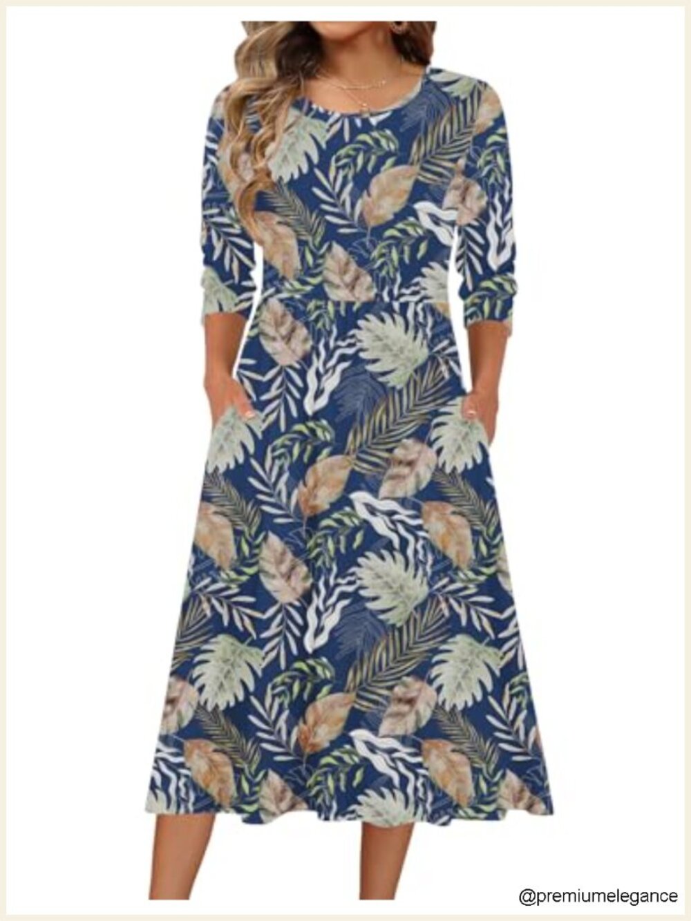 Women's 3/4 Sleeve Casual Midi A-Line Dress with Pockets Crewneck Flowy Boho